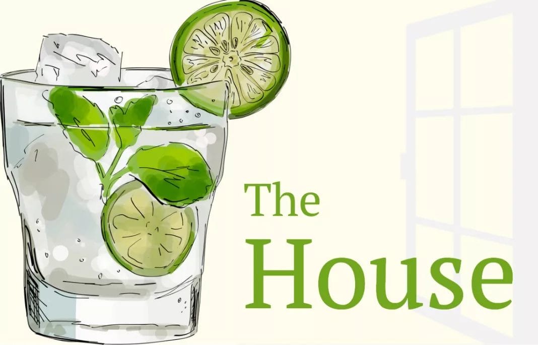 Illustration of cocktail with 'The House' in text.