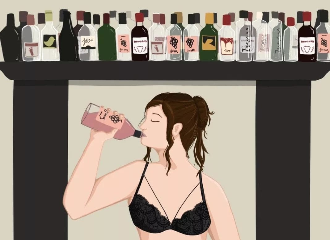 illustration of woman drinking wine without a t-shirt on