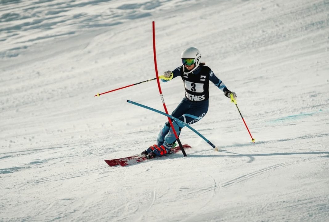 One of the Women's Blues skiing.