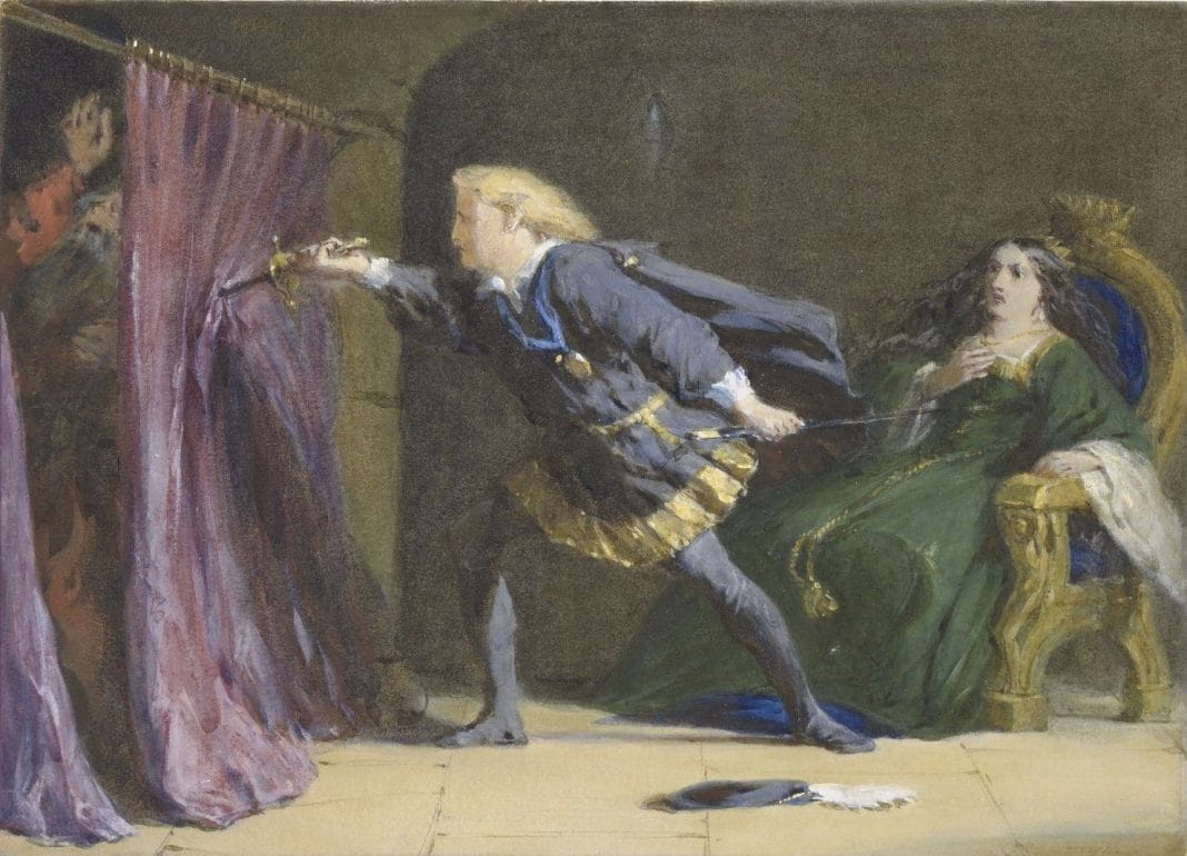 Coke Smyth's 19th-century depiction of Hamlet stabbing Polonius.